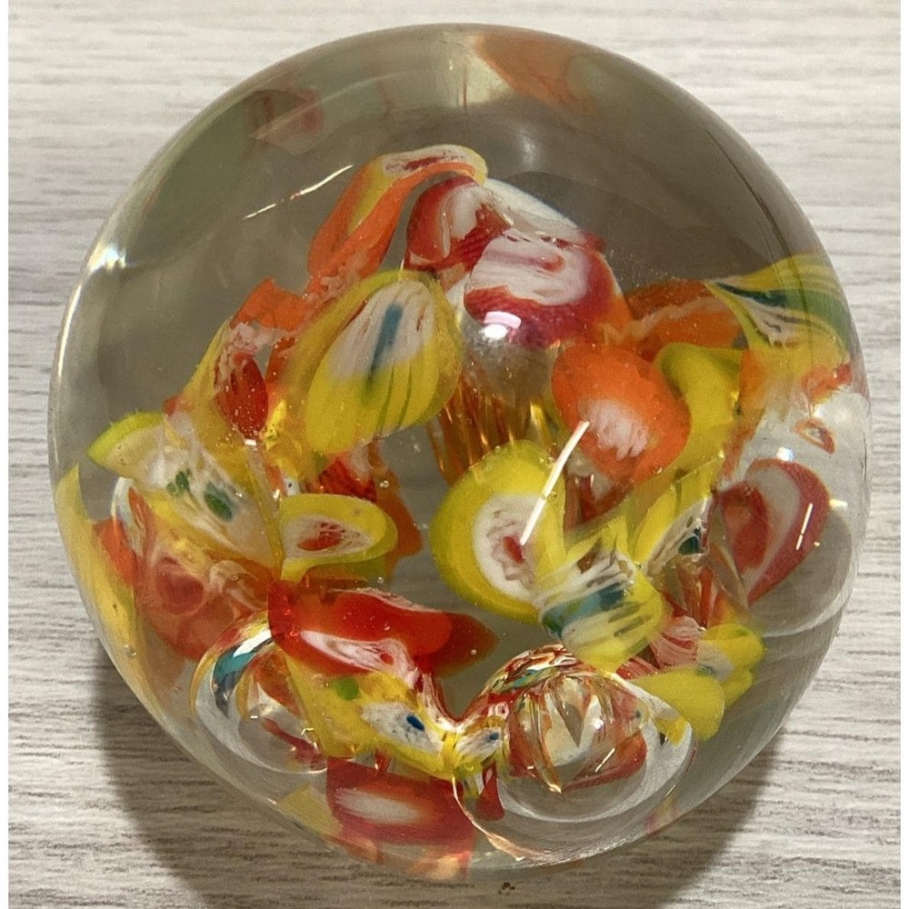 Art Deco Glass Paperweight 2.5x2.5" Millefiori Style Multicolor Flowers